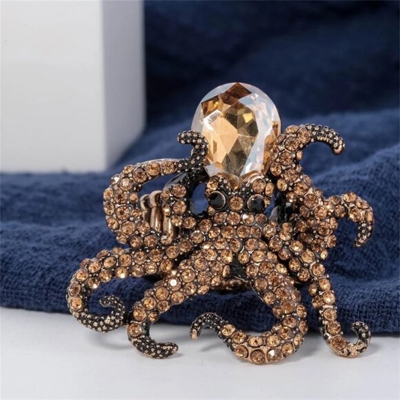 Emerald Gold Crystal Octopus Statement Ring in Antique Gold Finish - 2" - Picture 5 of 7